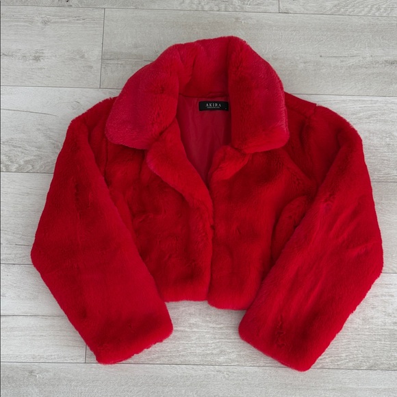 Red Cropped Faux Fur Jacket - Picture 1 of 5